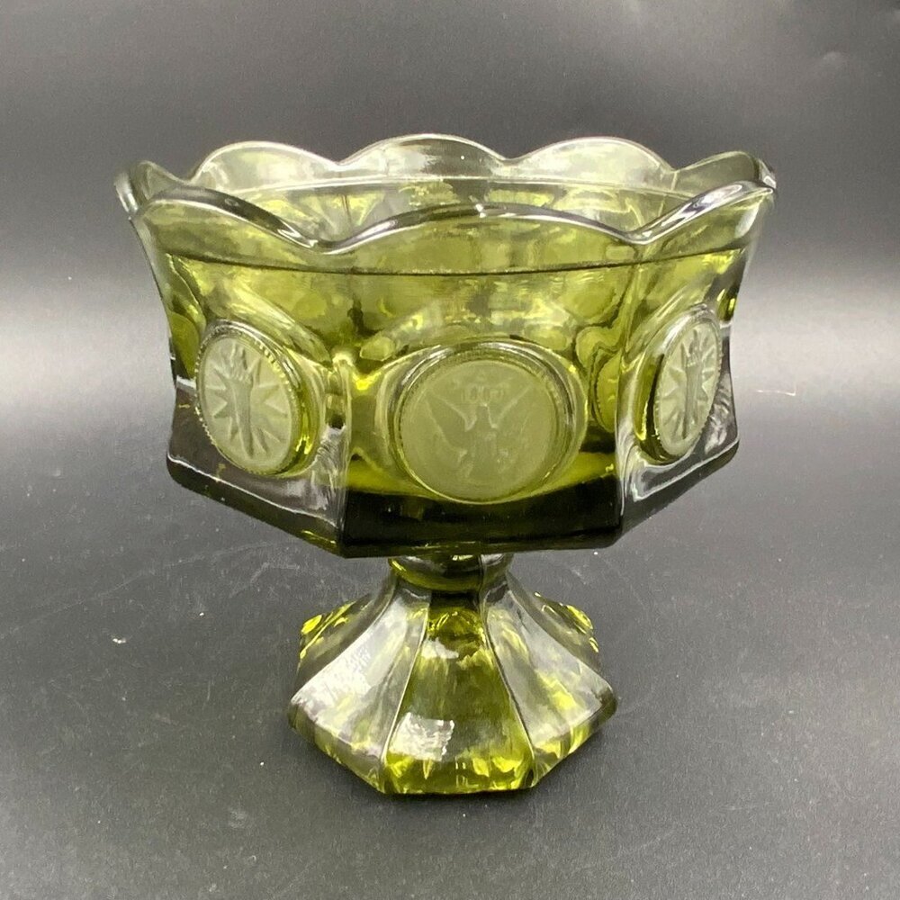 Fostoria American Eagle Coin Glass Olive Green Round Pedestal Compote